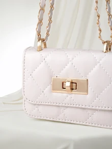 Clariva Mini Square Bag New Women Handbag Rhombus Pattern Stitching Texture Shoulder Bag Woven Chain Bag Flip Small Bag Cute Crossbody Bag - Beige - View 4