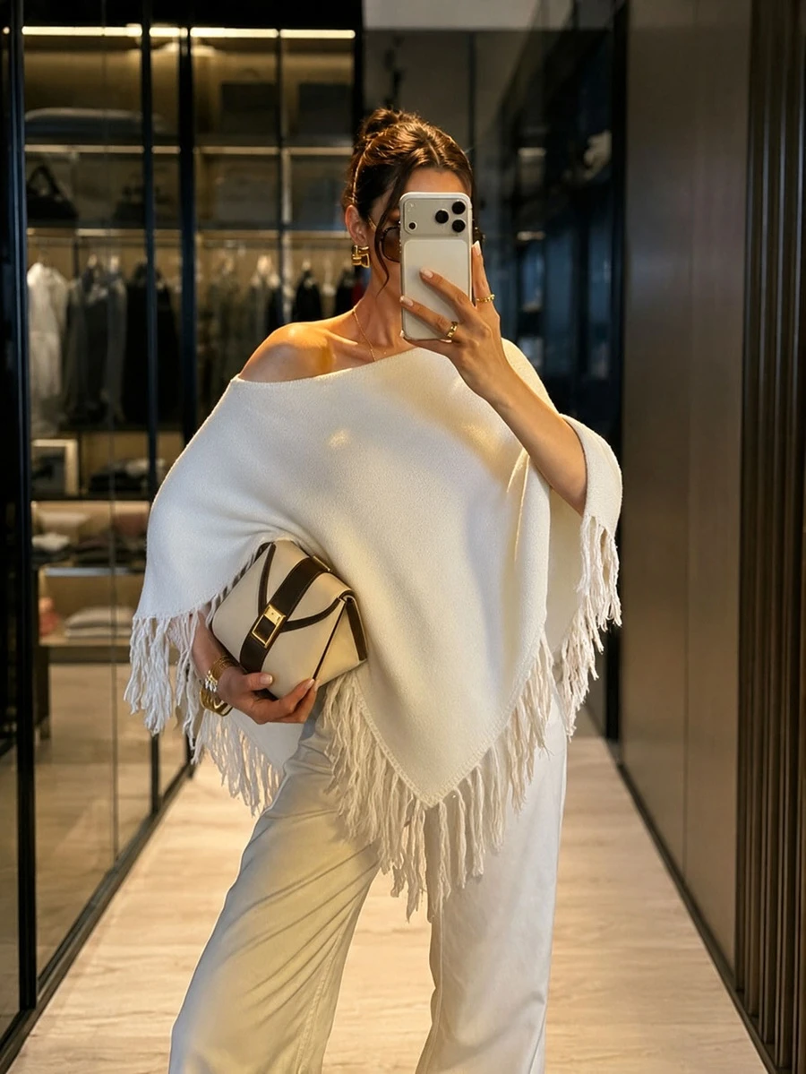 女款不對稱寬鬆針織披風上衣 露肩套頭式 優雅約會穿搭 秋冬休閒時尚流蘇披肩 - 小白杏 - 查看 1