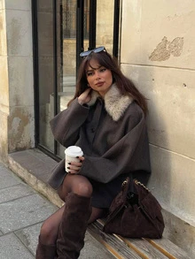 Vintage Street Style Wool Coat, Oversized Loose Short Winter Women's Jacket - Mocha Brown - View 1