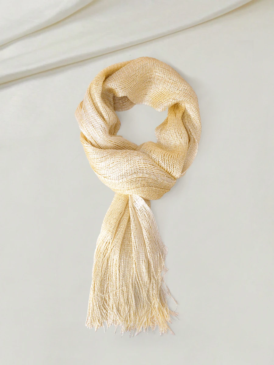 Clariva 1pc Shiny Metallic Shawl With Round Buckle & Tassel, Suitable For Formal Dresses, Weddings And Parties, Lightweight And Breathable - Beige - View 1