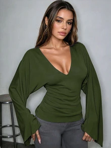 Casual Dirty Green Women's Deep V-Neck Long Bell Sleeve Going Out Top - Dark Green - View 2