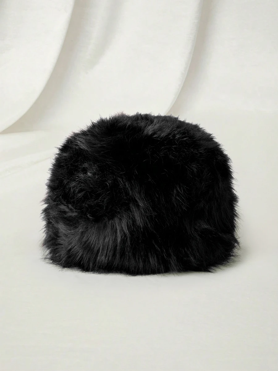 Clariva 1pc Oversized Faux Fur Flat Top Hat, Warm Mongolian Style Winter Cap With Fur Trim - Hat - View 1