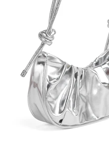 Rollcall 1pc Solid Color Pleated Glossy Cloud-Shaped PU Shoulder Bag, Fashionable Simple Elegant Women's Crescent Bag , Old Money - Silver - View 2