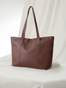 Clariva Black Large Capacity Women's Tote Bag, Minimalist PU Leather Shoulder Handbag, Button Closure, Fashion Commute Office School Bag - Brown - View 2