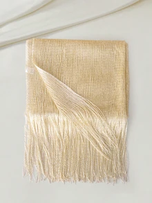 Clariva 1pc Shiny Metallic Shawl With Round Buckle & Tassel, Suitable For Formal Dresses, Weddings And Parties, Lightweight And Breathable - Beige - View 2