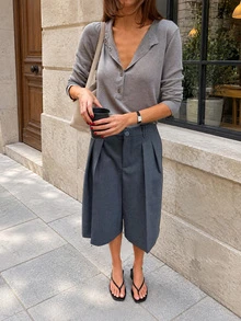 Women Fall Elegant Casual Grey Wide Leg Culottes For Office Work Daily Going Out - Grey - View 3