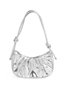 Rollcall 1pc Solid Color Pleated Glossy Cloud-Shaped PU Shoulder Bag, Fashionable Simple Elegant Women's Crescent Bag , Old Money - Silver - View 3