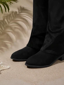 Tropiscape Fall/Winter 2025 Slimming Suede Over-The-Knee Mid-Calf Chunky Heel Pointed Toe Equestrian Boots For Women,Western Boots - Black - View 4