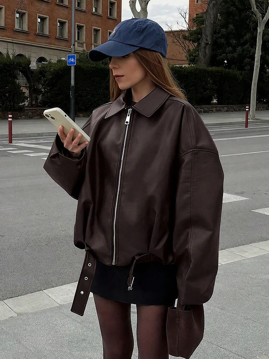 New Vintage Bomber Jacket, Solid Color Casual Zipper Pocket Jacket, PU Leather Jacket, Regular Fit, Women's Winter Jacket Fall - Coffee Brown - View 1