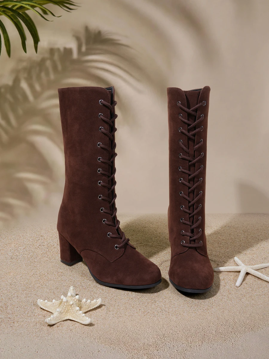 Tropiscape Fall/Winter 2025 Women Say Stylish Front Lace-Up Chunky Heel Motorcycle Boots Brown Pants Boots Fall Clothes With Shoes - Coffee Brown - View 1