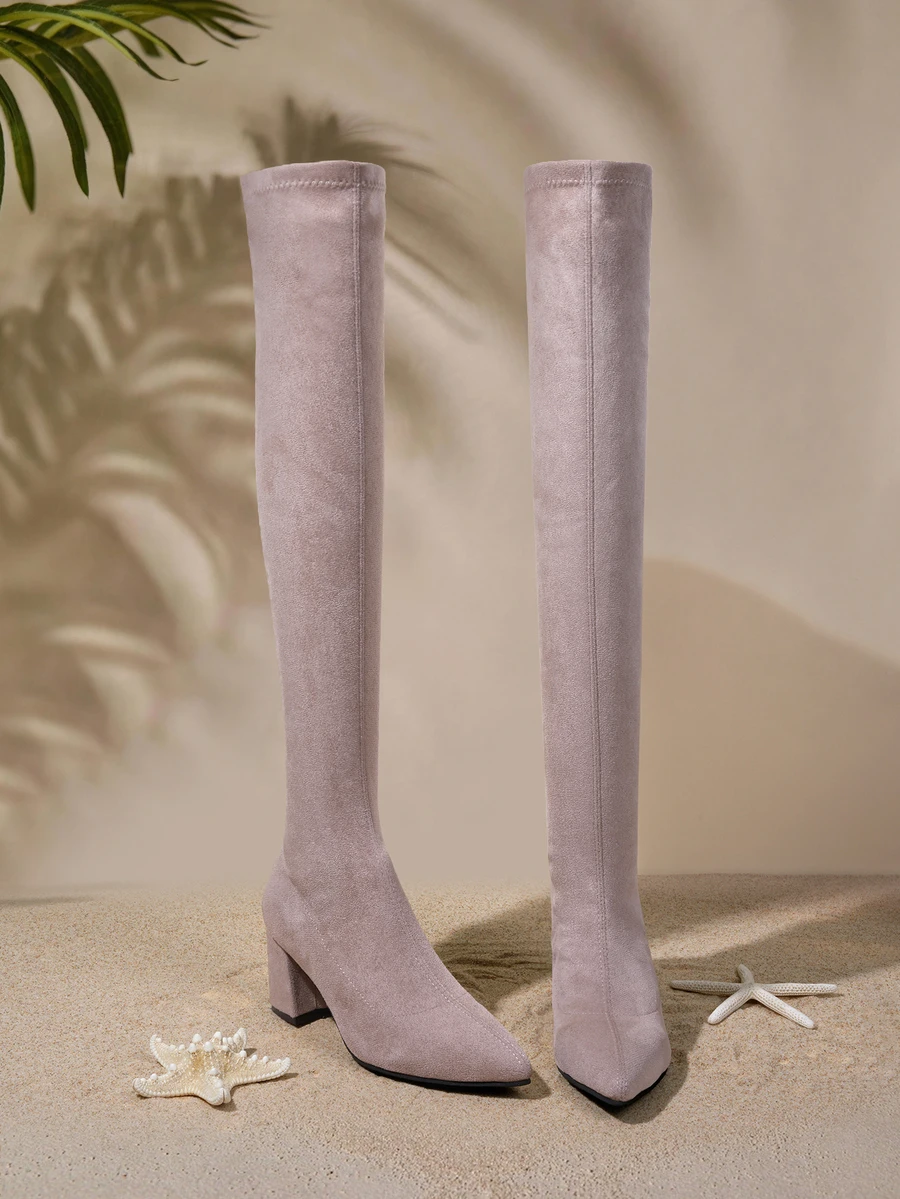 Tropiscape Women's Fashionable Back Zipper Pointed Toe Chunky Heel Elastic Over-The-Knee Boots Ideal With Corset - Beige - View 1