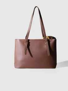 NobleVue Fashionable Minimalist Solid Color Letter Print Shoulder Handbag With Scarf, Suitable For Young Women, College Students - Coffee Brown - View 2