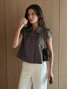 Camisa de mujer a cuadros de manga corta, adecuada para conjuntos de otoño, invierno y verano - Marrón Mocha - Ver 3