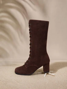 Tropiscape Fall/Winter 2025 Women Say Stylish Front Lace-Up Chunky Heel Motorcycle Boots Brown Pants Boots Fall Clothes With Shoes - Coffee Brown - View 2