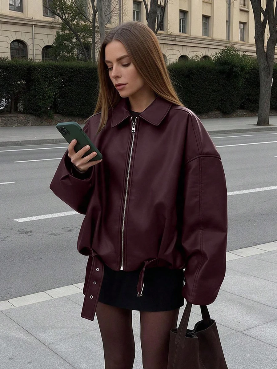 New Vintage Bomber Jacket, Solid Color Casual Zipper Pocket Jacket, PU Leather Jacket, Regular Fit, Women's Winter Jacket Fall - Redwood - View 1