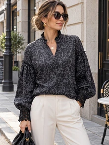 Fashionable Leopard Print Women's Long Sleeve Button-Down Shirt, Contrast Lace Cuffs And Bishop Sleeves, Elegant Polyester Top - Multicolor - View 2