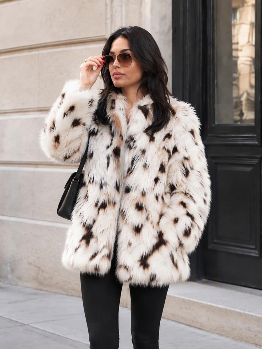 Women's Loose Lapel Patchwork Leopard Print Faux Fur Effect Coat, Autumn/Winter Vacation Jacket - Multicolor - View 1
