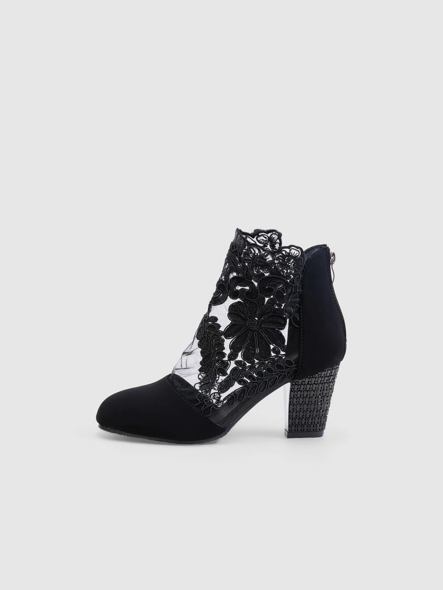 NobleVue Women's Elegant Lace Block - Heel Ankle Boots, Flower Pattern, Fashion - Style Ladies' Pointed - Toe High - Heel Ankle Boots - Black - View 1