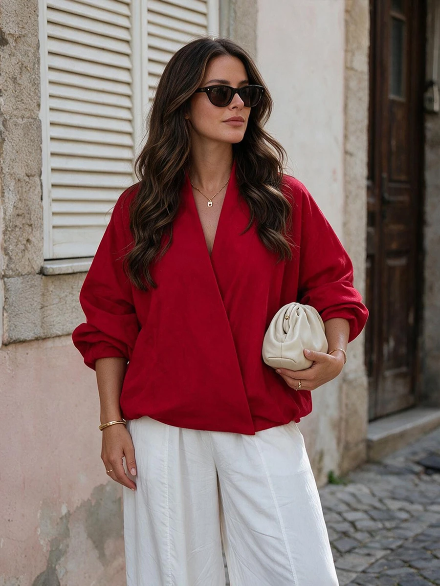 Women's Solid Color V-Neck Front Cardigan, Lightweight Material, Batwing Sleeve Design Red