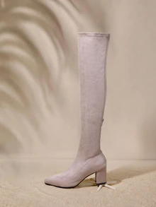 Tropiscape Women's Fashionable Back Zipper Pointed Toe Chunky Heel Elastic Over-The-Knee Boots Ideal With Corset - Beige - View 2