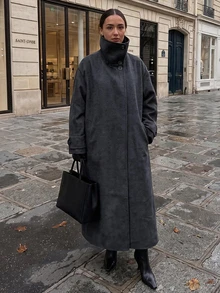 Women's Autumn/Winter New Fashion Wool Coat, Button Front Trench Coat, Loose Comfortable Minimalist Jacket - Black and Gray - View 1