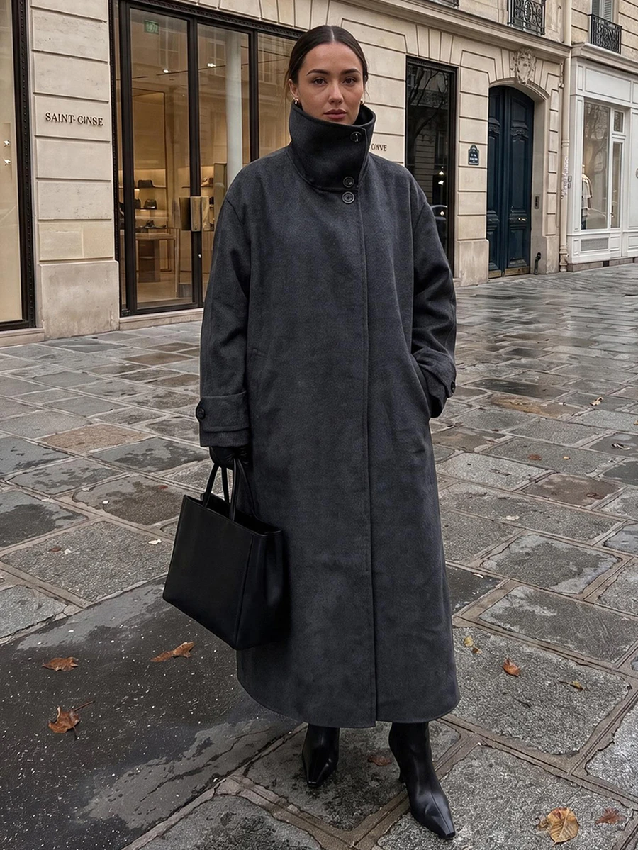 Women's Autumn/Winter New Fashion Wool Coat, Button Front Trench Coat, Loose Comfortable Minimalist Jacket - Black and Gray - View 1