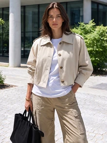 Women's New Spring/Autumn Short Trench Coat Jacket, Casual Button Front Pocket Outerwear - Apricot - View 3
