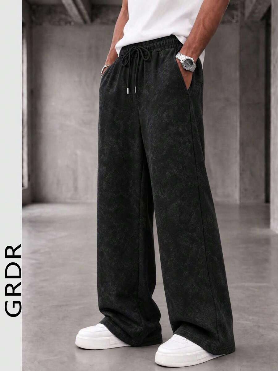 GRDR Men's Elastic Waist Drawstring Casual Pants, Washed Loose Drape Lazy Wide Leg Long Trousers - Black - View 1