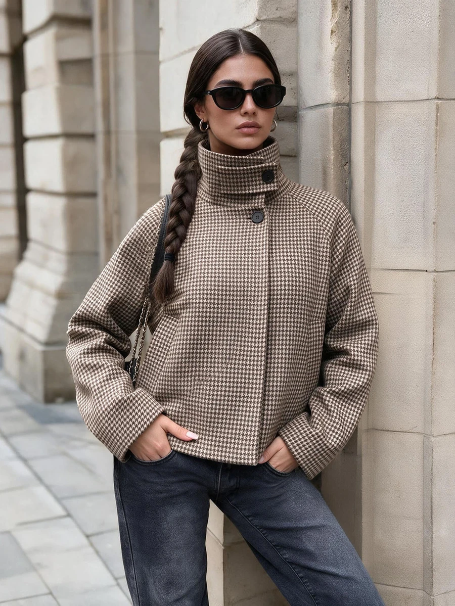 Women's Plaid High Collar Jacket, Elegant Button Front Casual Loose Fit Outerwear Suitable For Autumn