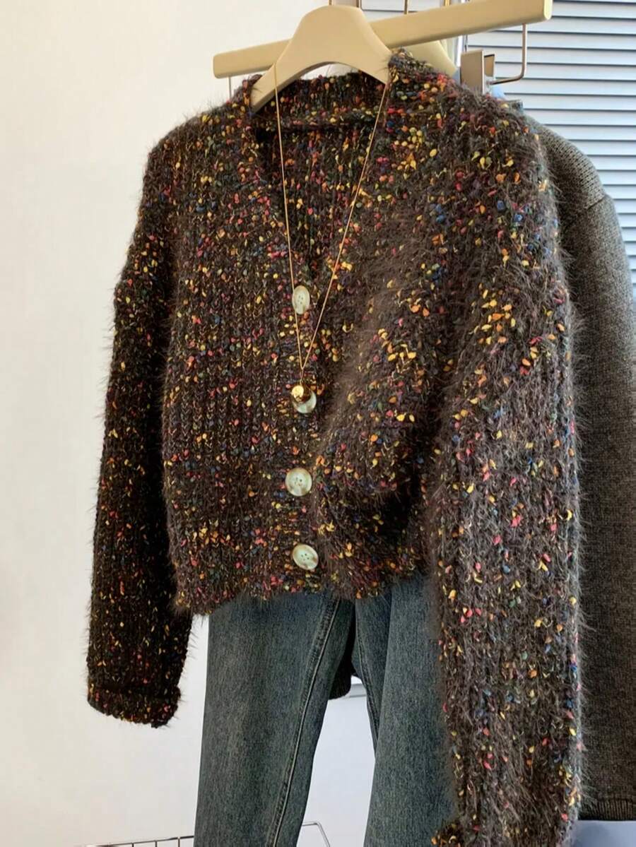 Comfortable Plus Size Women's V-Neck Cardigan, Dropped Shoulder Long Sleeve, Ribbed Knit Hem, Regular Fit, Autumn Winter, Fashion Casual - Coffee Brown - View 1