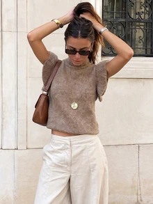 Women's Soft Casual High Neck Sleeveless Knit Tank Top, Summer Style - Camel - View 1
