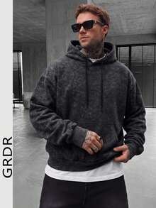 GRDR Men's Autumn/Winter Casual Distressed Washed Thermal Lined Loose Fit Hoodie | Leading Fashion - Black - View 1