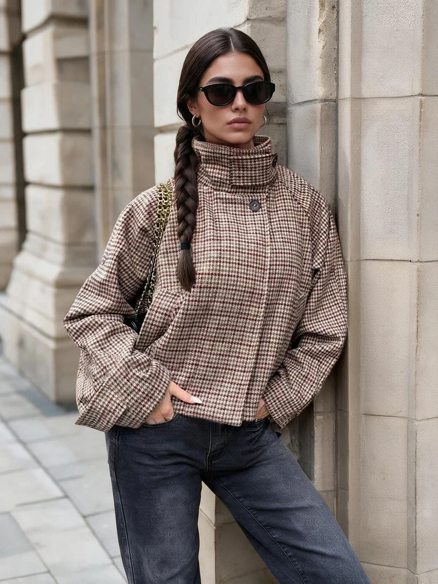 Women's Plaid High Collar Jacket, Elegant Button Front Casual Loose Fit Outerwear Suitable For Autumn