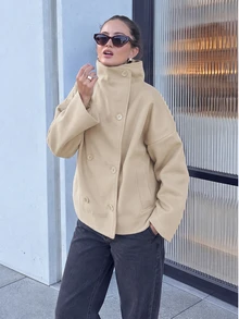 Vintage Style Solid Color Double-Breasted High Collar Women Jacket, Commuter Women Coat For Autumn/Winter - View 1