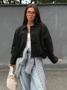 Women's Regular Faux Suede Long Sleeve Single-Breasted Loose Casual Jacket, Suitable For Spring Wear Women's Pocket Metal Button Short Military Green Jacket, Suitable For Spring And Autumn Wear Black - Black - View 2