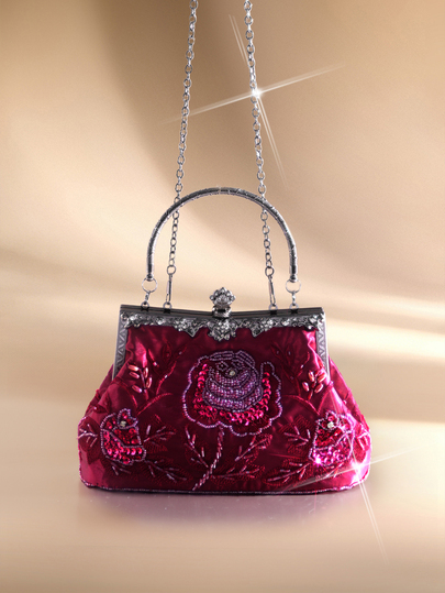 Etoivie Vintage Beaded Rose Clutch Bag, Elegant Sequined Evening Purse With Metal Handle Clasp, Burgundy, Christmas Party, Christmas Gift