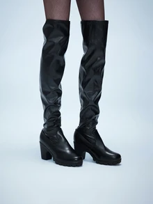 Perfect With Skirt Women's 2024 Autumn/Winter New Arrival Square Toe Low Heel Pleated Leather Slip-On Over-The-Knee Elastic Boots - Black - View 1