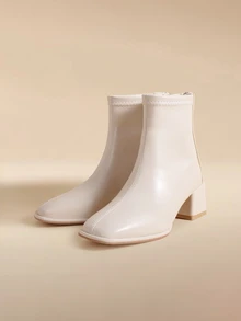 Glizzene Women Short Ankle Boots Thick Heel High Heel White Slim Boots French Style, Cozy Winter, Christmas Gift - White - View 2