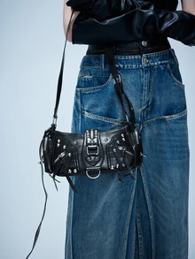Rollcall Y2K Biker Chic European & American Retro Motorcycle Style Handbag, Fashion Niche Rivet Shoulder Bag With Multi-Pockets - Black - View 4