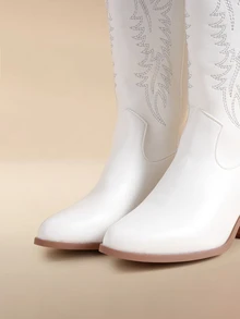 Glizzene Fall/Winter Women's Western Embroidered Vintage Cowgirl Boots, Mid-Calf V-Cut Chunky Heel Riding Boots, Cozy Winter, Christmas Gift - White - View 4
