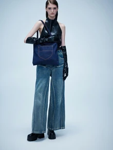 Rollcall Navy Blue Solid Color Denim Shoulder Bag, Vintage Y2K Style, Large Capacity Lightweight Outdoor Underarm Bag - Blue - View 2