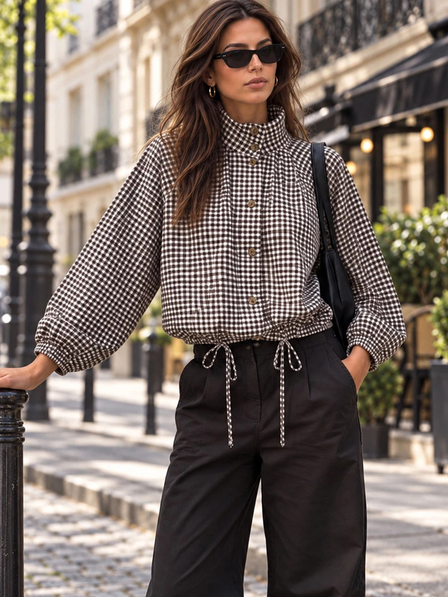 2026 Autumn Street Style Loose Fit Women's Elegant Vintage Plaid Drawstring Decor Casual Jacket - Brown - View 1