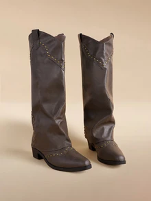 Glizzene Women's Khaki Chunky Heeled Square Toe Vintage Rivet Tall Shaft Boots, Versatile French Cowgirl Riding Boots - Khaki - View 1