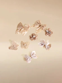 Glizzene 8pcs/Set Girls Colorful Pearl Flower Hair Clips, Bowknot Tassel Ribbon Hair Accessories - Multicolor - View 1