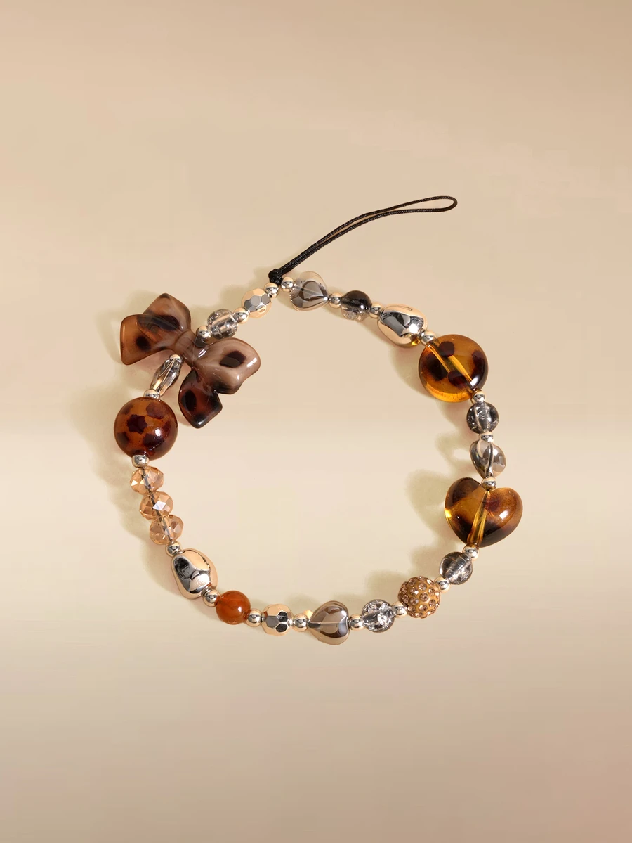 Glizzene Leopard Print Bow Beaded Phone Chain Pendant, Vintage Multi-Functional Wrist Strap Charm, Women's Anti-Loss Phone Lanyard - Multicolor - View 1