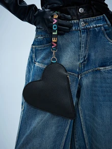 Rollcall Tas Clutch Mini Kulit PU Warna Solid Berbentuk Hati yang Stylish dan Dapat Dipersonalisasi untuk Wanita, Dompet Koin Elegan, Gaya Vintage untuk Sehari-hari, Kerja, - Hitam - View 3