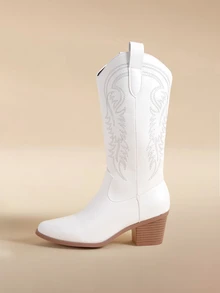 Glizzene Fall/Winter Women's Western Embroidered Vintage Cowgirl Boots, Mid-Calf V-Cut Chunky Heel Riding Boots, Cozy Winter, Christmas Gift - White - View 3