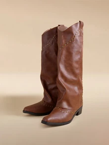 Glizzene Vintage Brown Rivet High Shaft Boots, French Style Women's Thick Heel Versatile Western Cowboy Boots, Cozy Winter, Christmas Gift - Brown - View 2