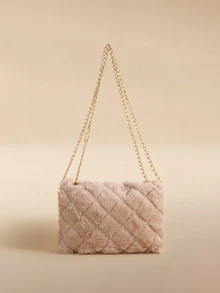 Glizzene Fluffy Material Crossbody Bag, Women's New Fashion Versatile Chain Shoulder Bag, Furry Fluff Lock Small Square Bag - Khaki - View 2