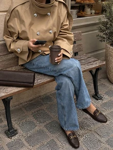 Women Fall Elegant Casual Khaki Double Breasted Belted Jacket For Office Daily Going Out - Khaki - View 3